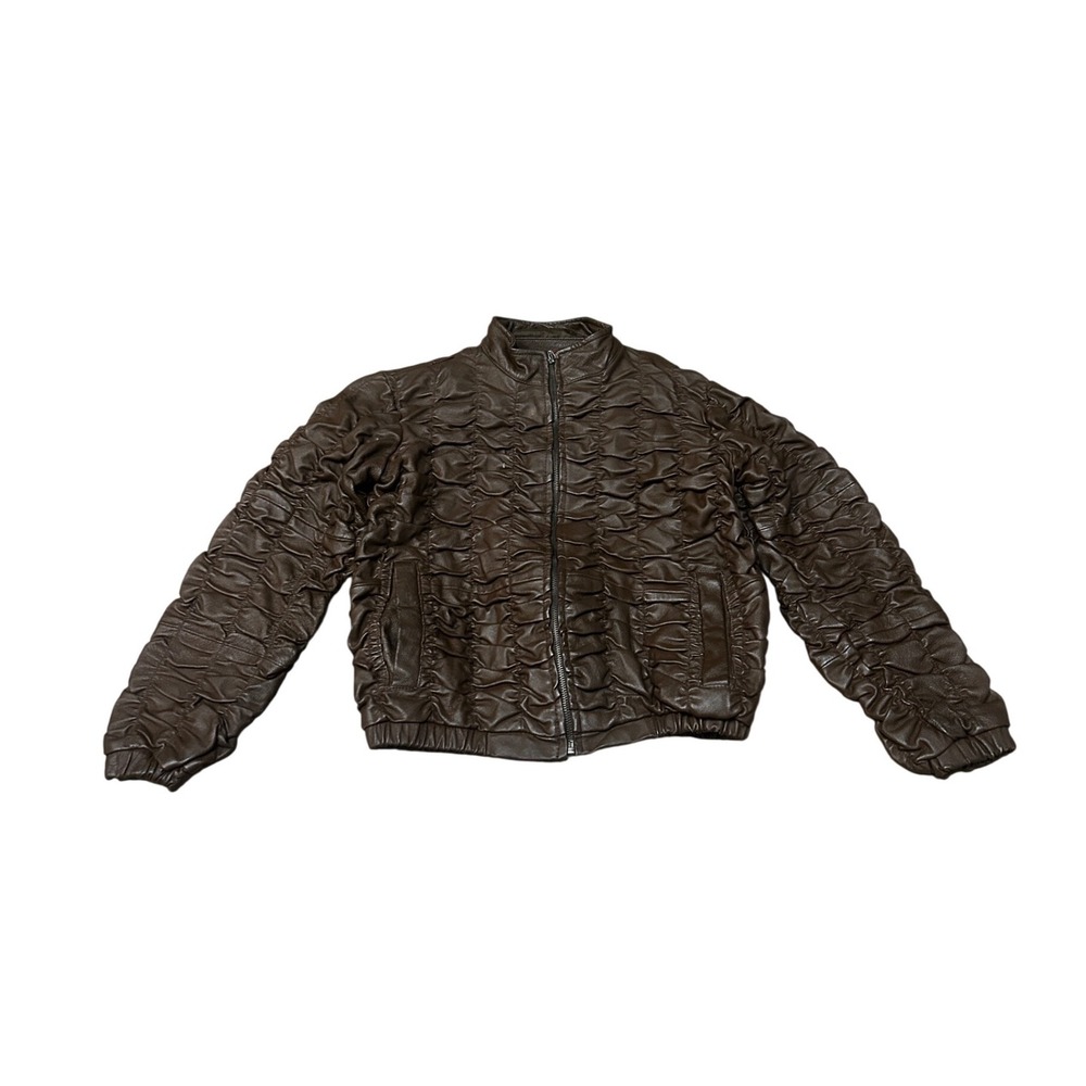 Yoki Sports Brown Ruched Faux Leather Bomber Jacket Mock Neck Small
